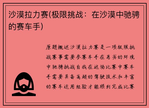 沙漠拉力赛(极限挑战:在沙漠中驰骋的赛车手)